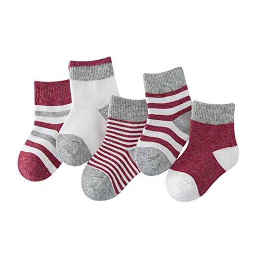 DEBAIJIA Niños Niñas Calcetines de Algodón Cómodo Deportivo Jogging Suave Elasticity Absorber el Sudor primavera verano otoño Color Rojo vino 1-3 años (Pack de 5 Pares)