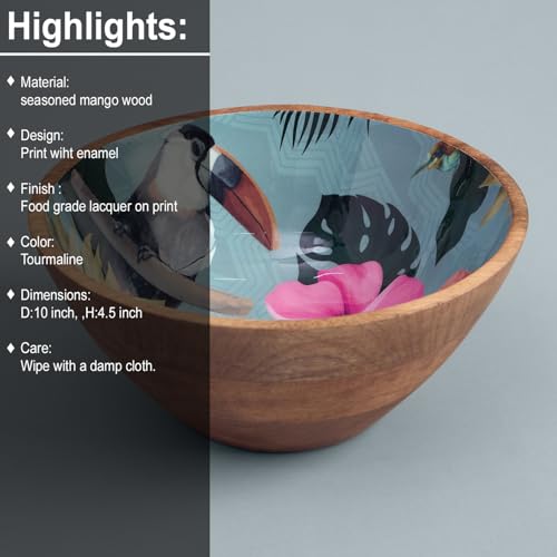 Image of SAAGA Printed Mango Wood Serving Bowl - 10 x 4 Inch Handcrafted Round Wooden Bowl | Food-Grade Finish for Noodles, Soups, Curries & Snacks - Tourmaline Finish