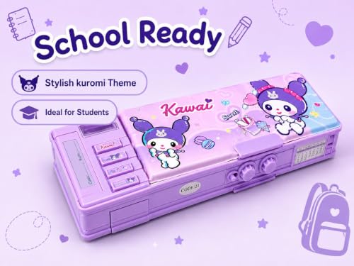 Image of WORSHIPER Multifunction Pencil Box for Girls with 2-Digit Password Lock, Built-in Sharpener & Calendar, Dual Sided Magnetic Geometry Compass Box School Gift (Kurumi Purple - Com.Box Password Lock)