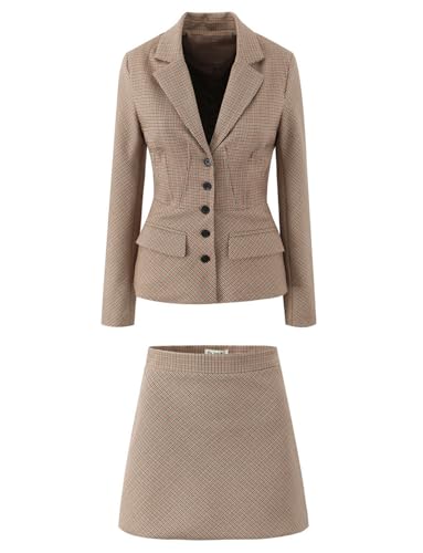 Women's Houndstooth Suit Notch Lapel Jacket Skirt Single Breasted Button Two Pieces Set