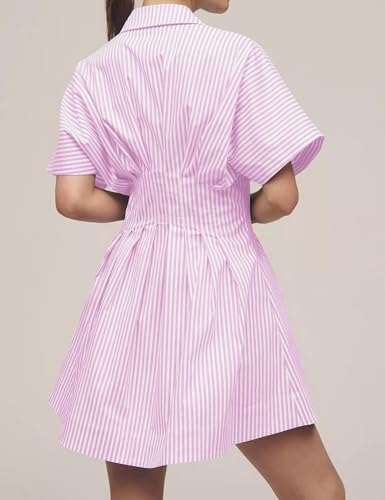 Image of Women Summer Short Sleeve Button Front Pleated Shirt Dress Striped Collar V Neck Casual Y2k Swing Short Mini Dress
