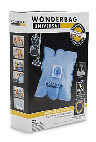 Rowenta Lot de 5 sacs Wonderbag Original, Compatibles avec des aspirateurs traineaux, Adapteur breveté universel, Très résistants, Haut pouvoir filtrant WB406120 Bleu
