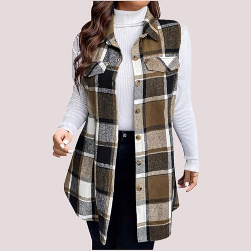 Womens Flannel Plaid Vest Tops Trendy Long Sleeveless Button Down Shirts Jackets Casual Fall Checkered Shacket Coat2