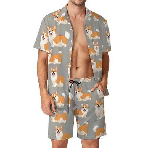 Camisa de botones de corgis y pantalones cortos con cintura ajustable para hombre