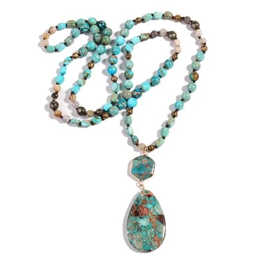 Yomisa Boho Necklaces for Women/Men Trendy,35 Inch Natural Stone Beaded Long Pendant Turquoise Necklaces for Womens,Handmade Bohemian Fashion Chakra Chunky Statement Charm Necklace Jewelry Gift