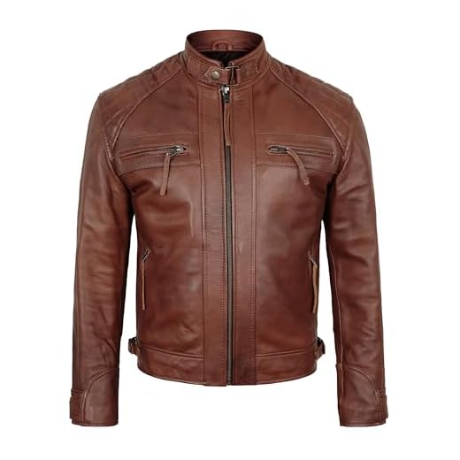 STOREJEES Jaqueta masculina de couro - Jaqueta masculina de couro estilo moto de pele de cordeiro real, Diamante - marrom, 5G