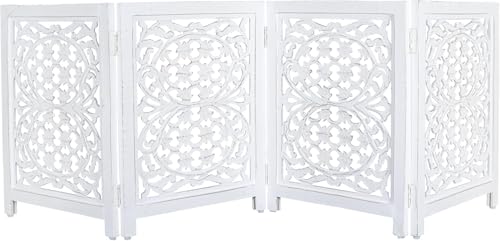 Image of Foldable Wooden Dog Gate with 4 Panels | Freestanding Pet Safety Barrier for Dogs & Puppies | Indoor Fence for Doorway, Stairs & Hallway | Portable Pet Gate (White)