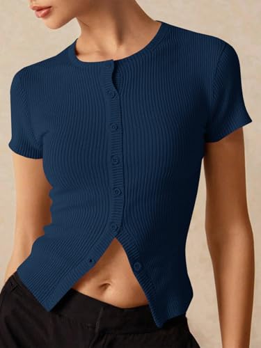 Image of Imily Bela Womens Short Sleeve Sweater Tops Summer Button Down Casual Ribbed Knit Slim Fit Cropped Cardigan Shirts