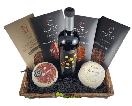 Cesta de Regalo para Navidad con Paleta Ibérica de Bellota, Lomo Ibérico, Queso Torta de Cabra, Vino Tinto Viña Puebla – Corazón Extremeño