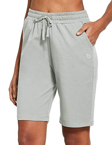 BALEAF Women s Bermuda Shorts Long Cotton Jersey with Pockets Athletic Sweat Walking Knee Length for Summer Workout Iron Grey Size L