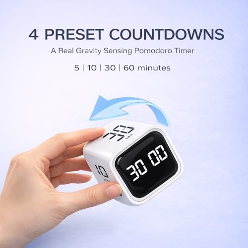 Image of Pomodoro Timer Cube for Study, Gravity Sensor Flip Auto Start 5 /10 /30 /60 Min & Custom Countdown, USB C Rechargeable Silent Focus Vibration Alert, ADHD Desk Productivity Timer for Students (White)