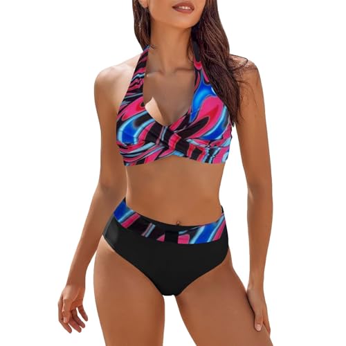 Traje de baño mujer de dos piezas ganando vientre plano triángulo bikini set cintura alta camisetas cuello en v sexy push up acolchado Swimsuit piscina estampado Monokini barato, rosa brillante, 4XL