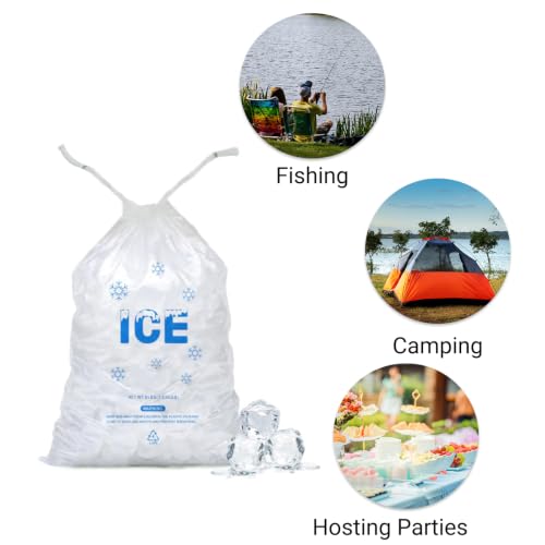 Image of 100 PACK 8 lb. Plastic Ice Bags with Cotton Draw String 11 x 19 Inch Heavy-Duty Plastic Ice Storage Bags with Draw String (2mil Thickness)