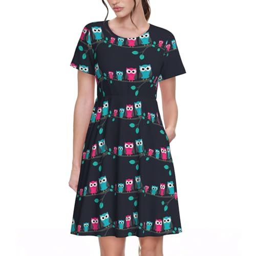 Robe d'été décontractée motif hiboux col rond pour femme