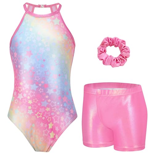 Zaclotre Girls Dance Leotards Clasp Back Sleeveless Gymnastics Outfit Activewear Leotard with Shorts Rainbow Star 9-10Y