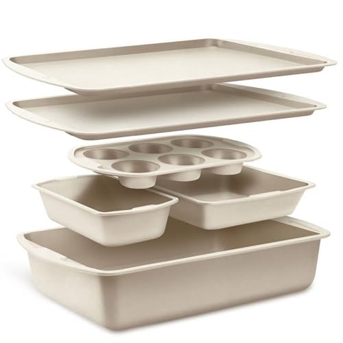 Bakken Swiss – Bakeware Set – 6 Piece – Stackable, Deluxe, Non-Stick Baking Pans for Professional and Home Cooking – Carbon Steel, White Stone Coating