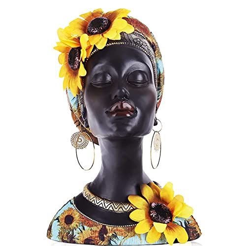 African Statues And Sculptures,African Art Bust Statue, Home Decor Sunflower Girl Figurines, Room Decor Resin Black African American Statue, Suitable For Living Room,Desktop, Bookcase Shelf Decor (A) #TOP7