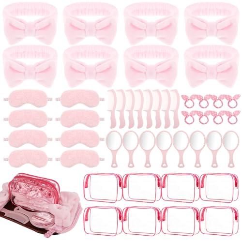 YEXEXINM 48 Set Spa Sleepover Party Supplies for Girls, 8 Pink Spa Headband 8 Sleep Eye Mask 8 Hairbands 8 Organzer Bags 8 Mirrors 8 Combs for Slumber Favors Gift Sleepover Party
