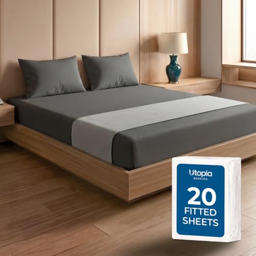 Image of 20-Pack Hotel Quality Full Size Fitted Sheet for Resorts,Grey, Brushed Microfiber Bottom Sheets Only, Deep Pocket, Soft, Wrinkle, Shrink & Fade Resistant