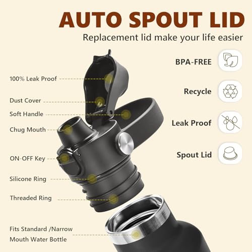 Image of EIPOSAU Auto Flip Lid for Hydro Flask Standard Mouth Bottle, Spout lid for HydroFlask Narrow Mouth Bottle, Replacement Lid with Button Lock