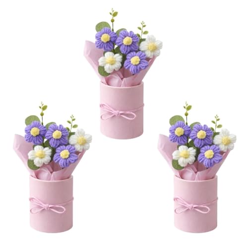 Image of VCR Handmade Light Purple Crochet Bouquet- Pack of 3 - Hand Woven Knitted Artificial Hand Knitted Bouquet Flower for Office Desk, Table, Car, Bedroom, Wedding & Special Occasions