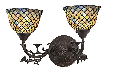 Meyda Tiffany 109508 Leaf, Flower, Fruit Two Light Wall Sconce from Tiffany Fishscale Collection Dark Finish, 5.00 inches, Mahogany Bronze