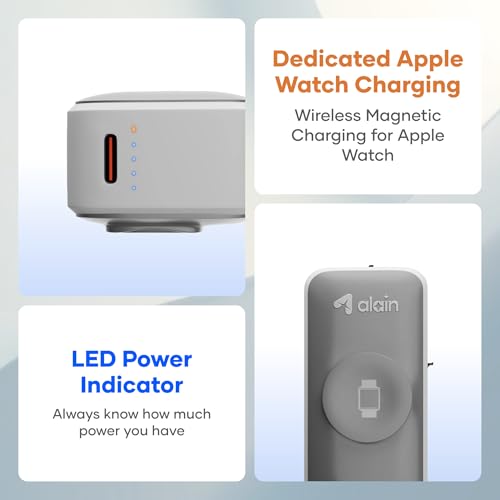 Image of alain Pocket Charge Pro 5000mAh Mini Power Bank | 22.5W Type-C & Lightning Fast Charging Output | 2.5W Wireless Charging | LED Indicators, Multi-Layer Protections, Android & iPhone Support (Grey)