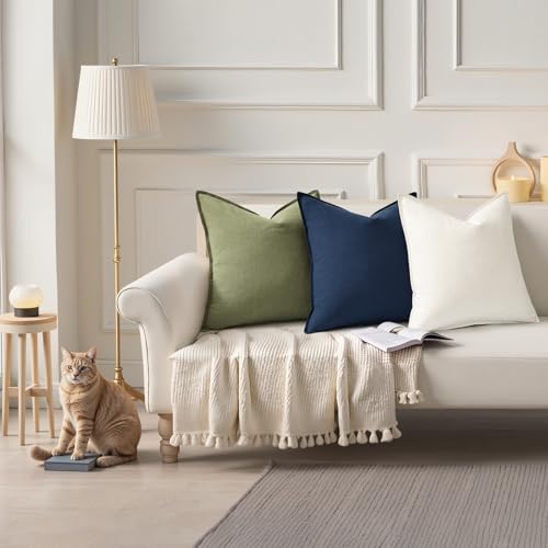 Image of decorUhome Decorative Linen Throw Pillow Covers 16x16 Inch Set of 2 Olive Green Pillow Covers with Flange Edges Soft Farmhouse Boho Accent Pillow Cases for Couch Bed Living Room