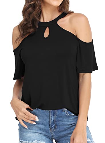 Ranphee Camisetas Manga Corta Mujer Hombro Frío Cuello Redondo Blusas Mujer Verano Algodón Suelto Top Negro L Cover