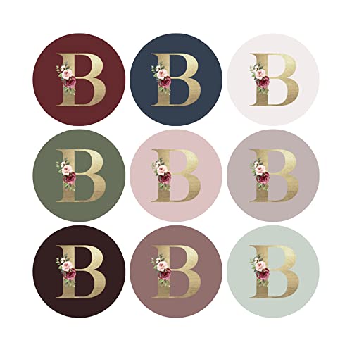 Mobiusea Creation Monogram Stickers – Gold Foil Letter B Envelope Seals | 90 Floral Sticker Seals in 9 Chic Colors | 1.4" Wedding Initial Stickers for Invitations, Cards, or Gifts
