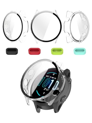 iDaPro [3-Pack Clear] Screen Protector Case for Garmin Forerunner 970 Full Protective Cover with Built-in 9H Tempered Glass & 4 Silicone Dust Plugs Hard PC Shell Complete Protection for Running Gym
