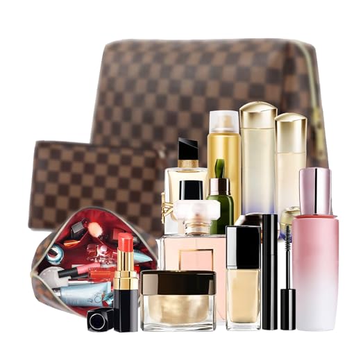 2 Pack Makeup Bag Set for Women, Large Brown Leather