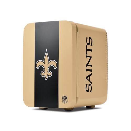 Image of Ukonic NFL New Orleans Saints 15-Can Mini Fridge 10L - AC /DC Powered, Official Team Colors & Logo, Portable Cooler for Tailgates, Home, Office, or Car