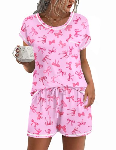 Image of Ekouaer Womens Pajama Sets 2 Piece Soft Short Sleeve Top and Shorts Sleepwear Round Neck Pjs Lounge Set with Pockets