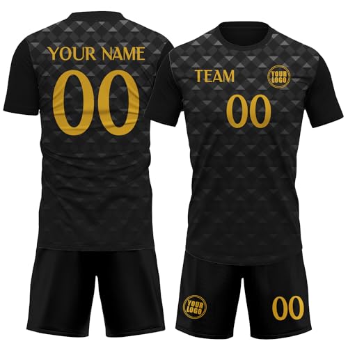 Generic Custom Soccer Jersey with Name Number Logo, Athletic Shirts for Men Women Youth Kids, Black Old Gold Soccer Shirt Shorts Set