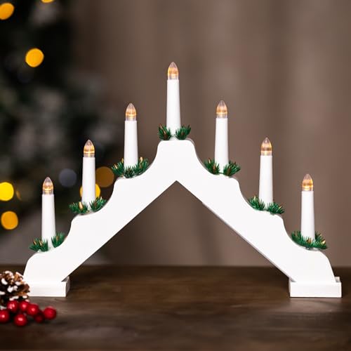 Marco Paul White Wooden Christmas Candle Bridge - 7 Warm White Faux Christmas Window Lights Battery Powered - Traditional Indoor Xmas Candle Arch for Windowsill or Mantelpiece