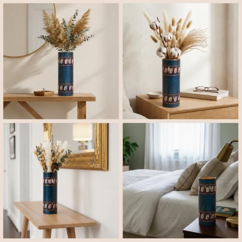 Image of Aakriti Art Creations Handpainted Terracotta Flower Vase | Matte Blue Autumn Leaf Floral Decorative Vase | Handmade Tall Vase for Living Room Table Decor & Housewarming Gift