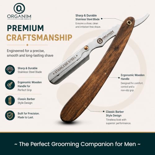 Image of ORGANIM Professional Wood Ustra for Men with 100 Blades Pack (100 Days Shaving Value Pack) - Stainless Steel Straight Razor for Barber Shaving, Salon Style Manual Shave Ustra with Premium Wooden Handle