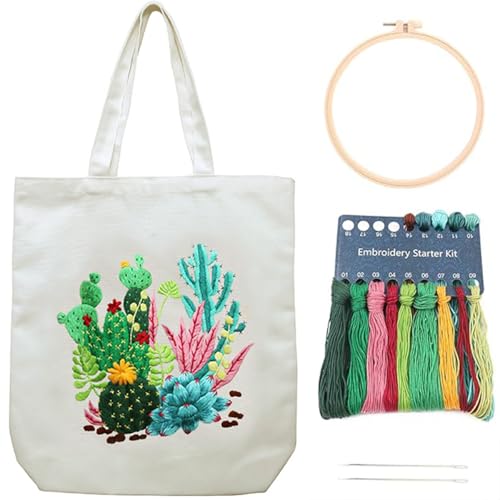 Canvas Tote Bag Embroidery Kit for Beginners, Stamped Embroidery Starter Kit with Pattern for Adults, Hand DIY Art Sewing Craft Cross Stitch Kit Canvas Bag with Hoop Needles Threads Instruction
