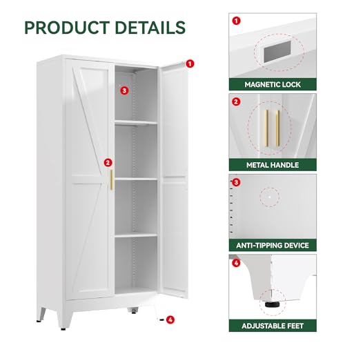 Image of Kitchen Pantry Cabinet with Barn Doors,61 inch H x 27.5 inch W,Metal Farmhouse Storage Cabinet with Adjustable Shelves,4-Tier Storage Cabinet for Kitchen Dining Room Garage Office,White 1 Pack