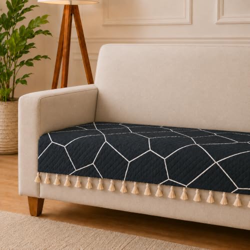 Image of Velvet Quilted Sofa Armrest Covers (Pack of 2) | Black | Anti-Slip Soft Washable Arm Covers with Tassels | 24 x 27 Inches (Half)