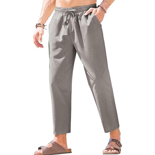 Qolkmuiy-GJ Men's Cotton Yoga Straight-Leg Slack Summer Beach Linen Pants Casual Lightweight Elastic Waist Trousers (Dark Grey,Small)