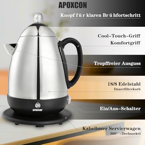 APOXCON Elektrische Kaffeemaschine Edelstahl -CE-Kennzeichnung, Mit Sicht-Knopf, tropffreier Ausguss, schnurlos (10 Tassen) - 1