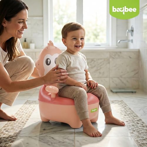 Image of Baybee Monkey Baby Potty Seat for Kids 2 to 5 Years with Back Support | Foldable Toilet Seat with Removable Drawer & Cleaning Brush | Premium Potty Training seat | Kids Toilet Chair Boys Girls (Pink)