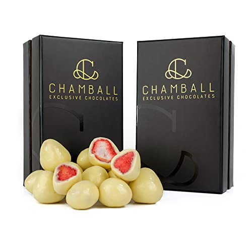 Pack 2 x Caja Chamball Strawberries/Fresas seleccionadas bañadas en chocolate blanco belga. Atrévete a maridarlo con un vino blanco seco, con cava o champagne.