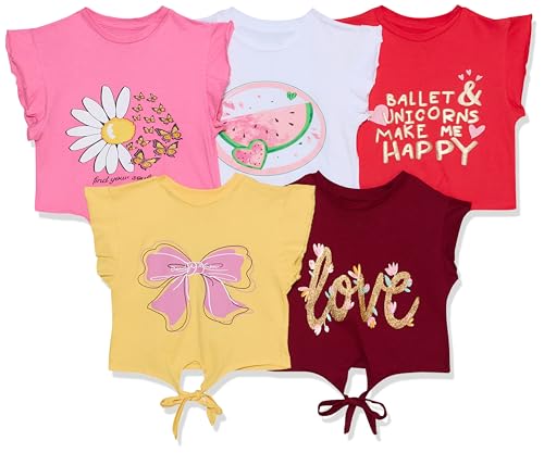 Image of T2F Girls Cotton Printed Flutter Sleeve T-Shirt (Pack of 5)