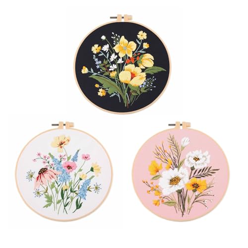 Image of Silentsea 3 Embroidery Kits-Beginner Collection, Includes All Needed 3 Plastic Hoops, 3 Embroidery Fabrics with Patterns, Threads, Needles, and More.