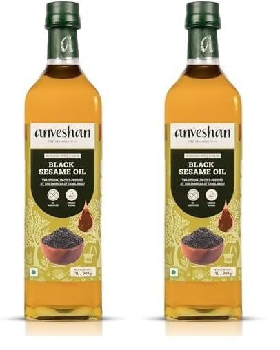 Image of Anveshan Wood Pressed Black Sesame Oil - 1L | Glass Bottle | Kolhu /Kacchi Ghani /Chekku | Gingelly Oil | Natural | Chemical-Free | Cold Pressed Sesame Oil for Cooking. (Pack of 2)