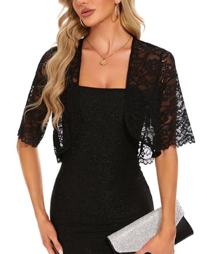 Women's Elegant Half Sleeve Floral Lace Shrug Top Open Front Summer Lightweight Cropped Cardigan3