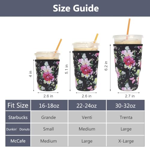 Image of 3 Pack Reusable Iced Coffee Sleeves - Xumbtvs Insulator Sleeve for Cold Beverages, Neoprene Coffee Cup Holder (Black Floral)